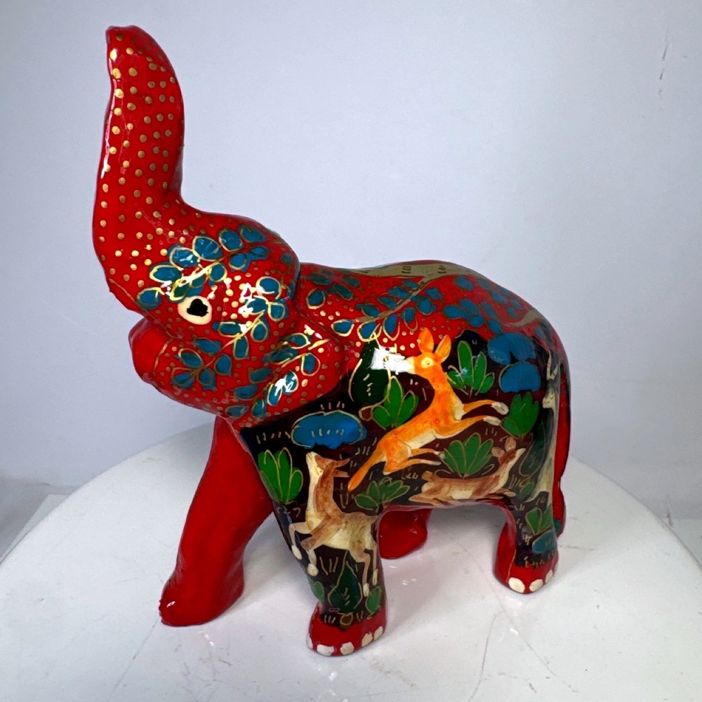 Hand Painted Elephant Figurine Red Blue Gold Asian Folk Art 7" Colorful Decor